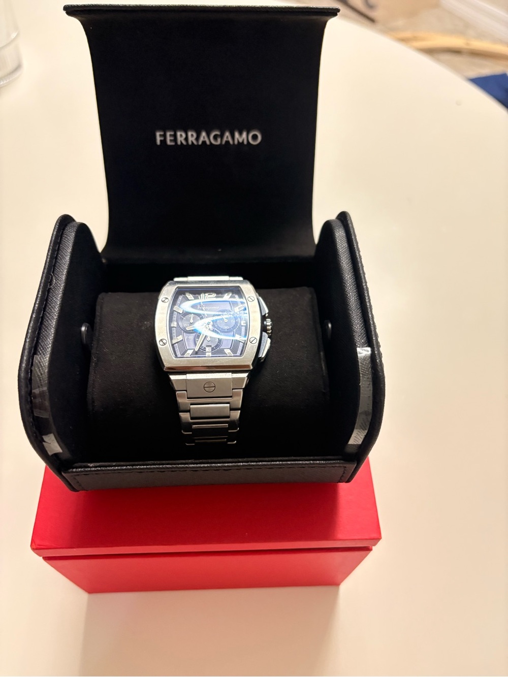 Salvatore Ferragamo Men’s Silver Watch with Blue Dial